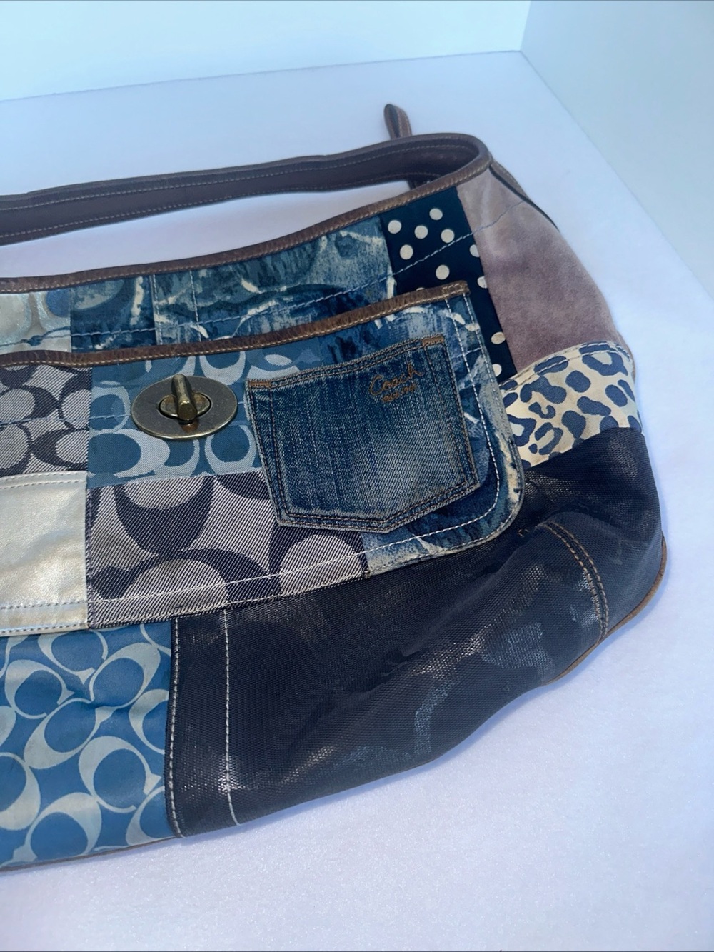 Coach Indigo Denim Blue Patchwork Ergo XL Hobo Handbag Purse Bag - Picture 4 of 17